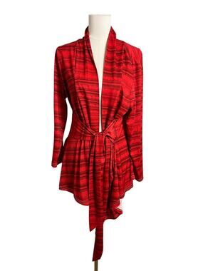 Bon Apple Tea Tunic Blouse Womens Large Red Stripe Belted Tie Waist Top Drape